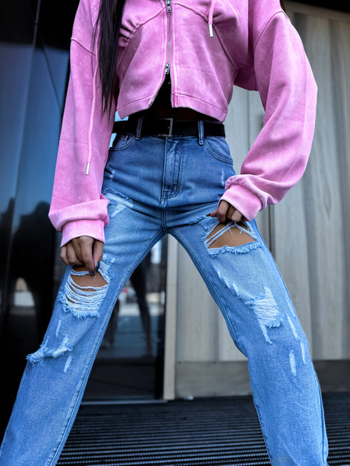 MOM, DENIM kelnės su ašaromis W1036 - Mėlynos